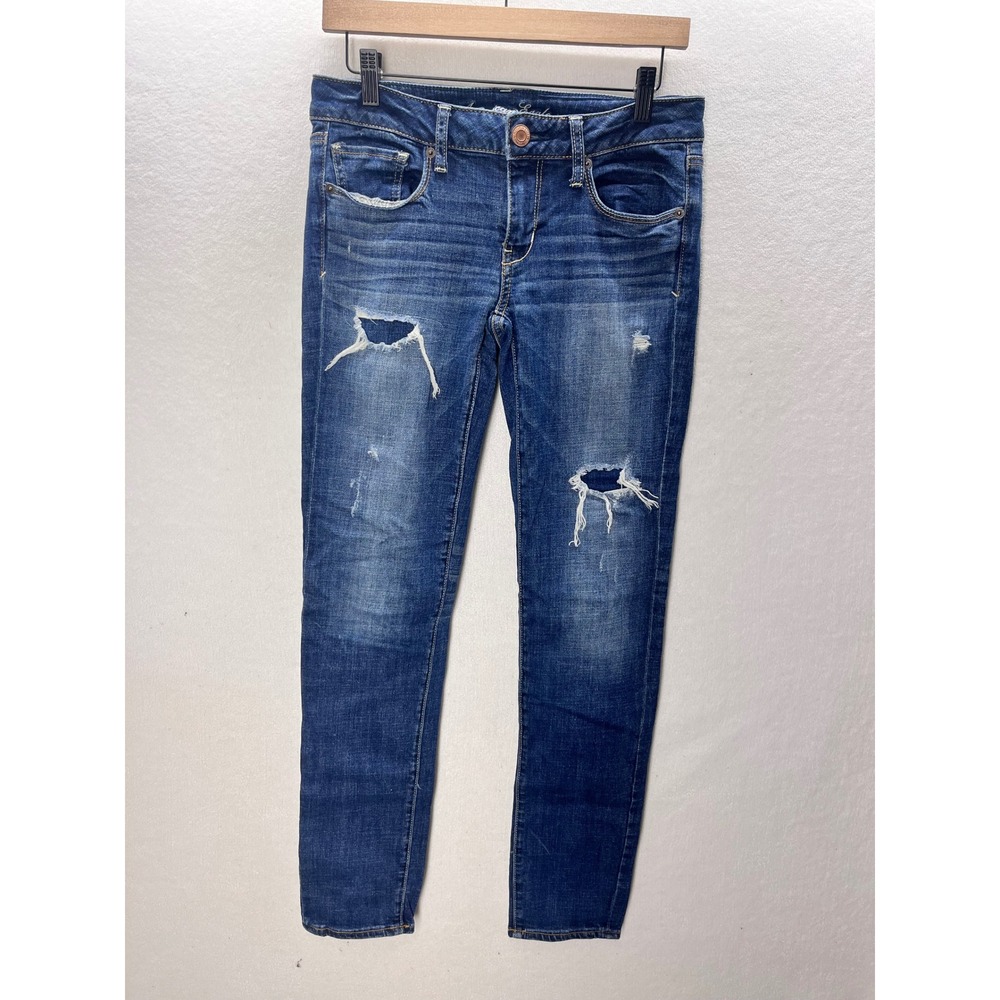 American Eagle Skinny Jeans Womens 6 Blue Denim Distressed Super Stretch 3274